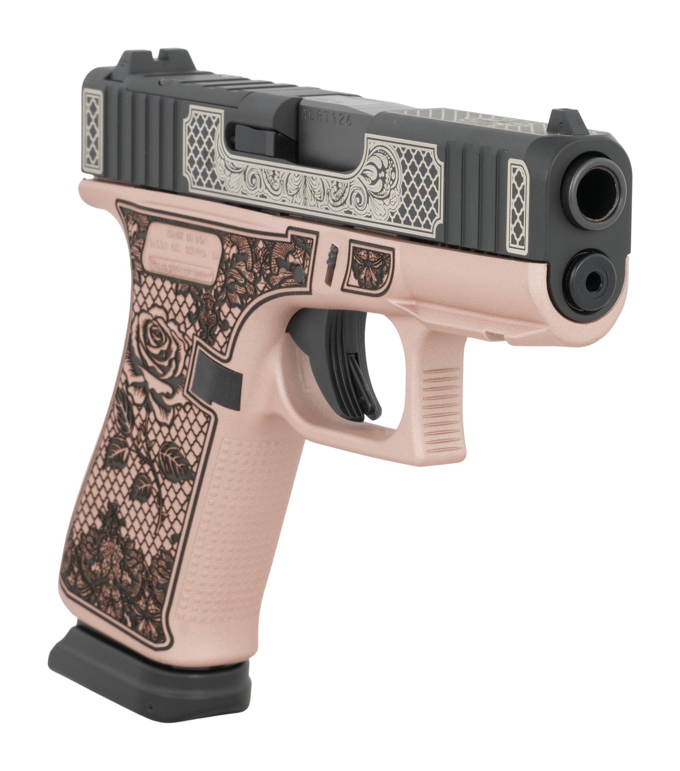 Glock 43X pistol angled view showing pink frame, black slide and muzzle