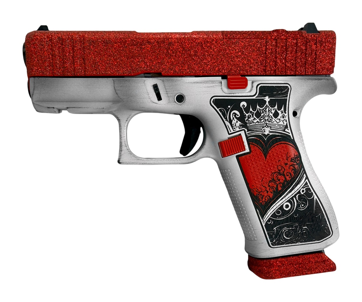 Glock 43X 9mm pistol right side with red slide, silver frame and heart-themed grip panel