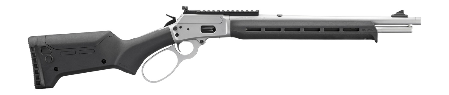 Lever-action rifle with stainless receiver and barrel and black Magpul stock, right side view
