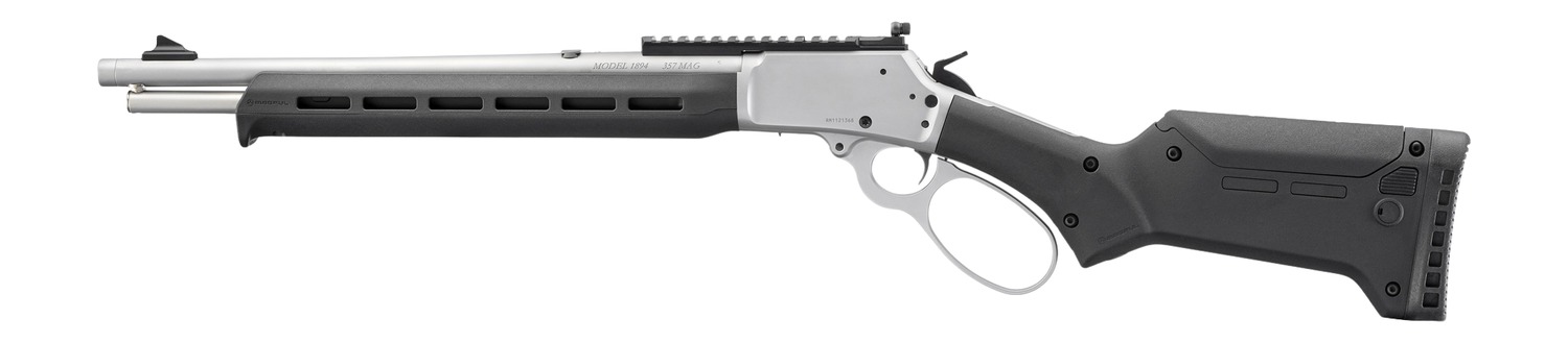 Stainless lever-action rifle with black Magpul ELG stock, left side view