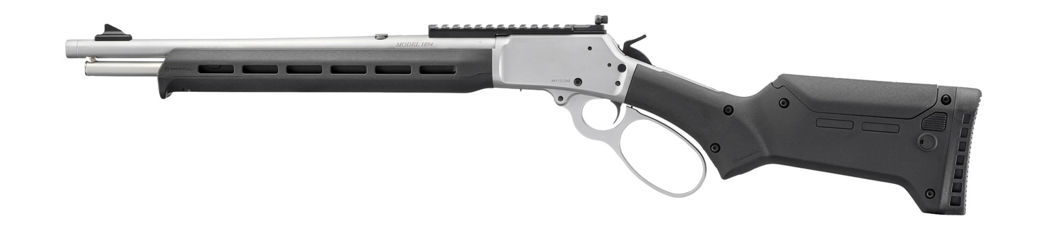 Marlin 1894 Trapper rifle left side view with stainless barrel and black Magpul stock