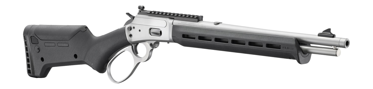 Stainless lever-action rifle with black Magpul stock and Picatinny rail on receiver
