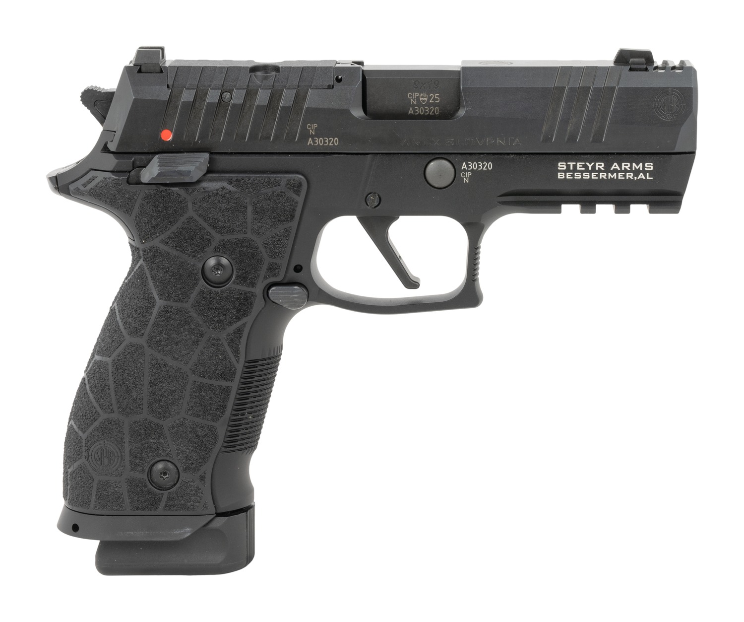 Steyr ATD Compact 9mm pistol side view with black finish and textured grip panels