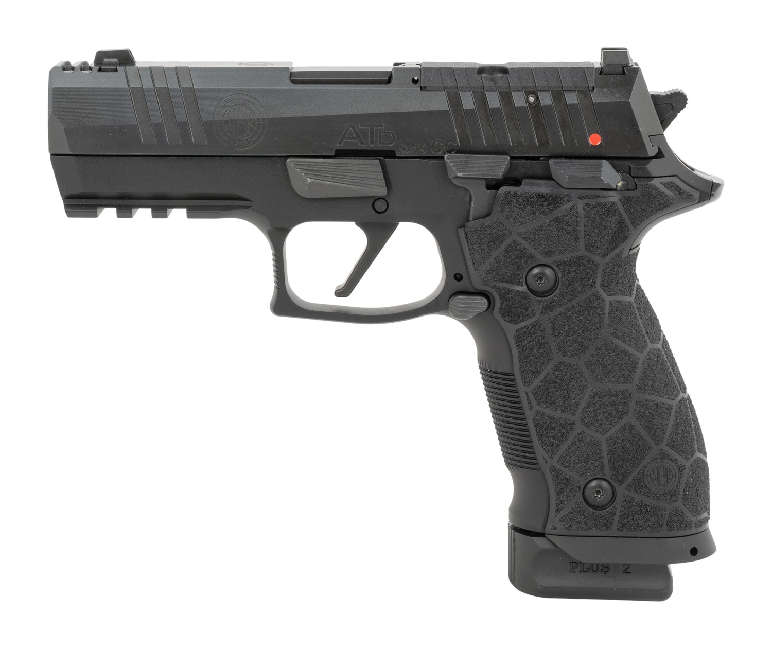 Steyr ATD pistol side view with black slide, frame and textured grip