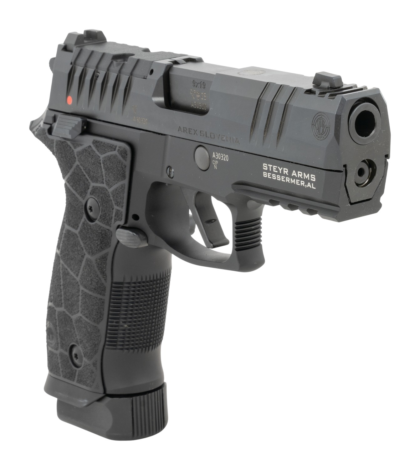 Steyr ATD pistol angled front view showing ported compensator barrel and optic-ready slide