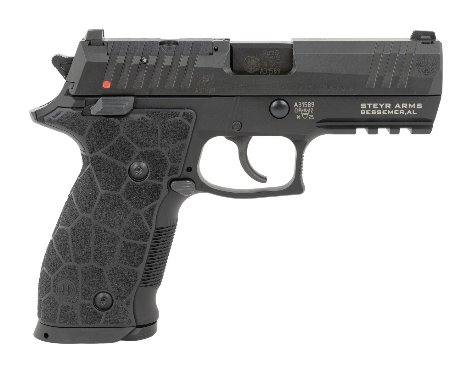 Steyr Arms ATD 9mm pistol side view with black slide and textured grip
