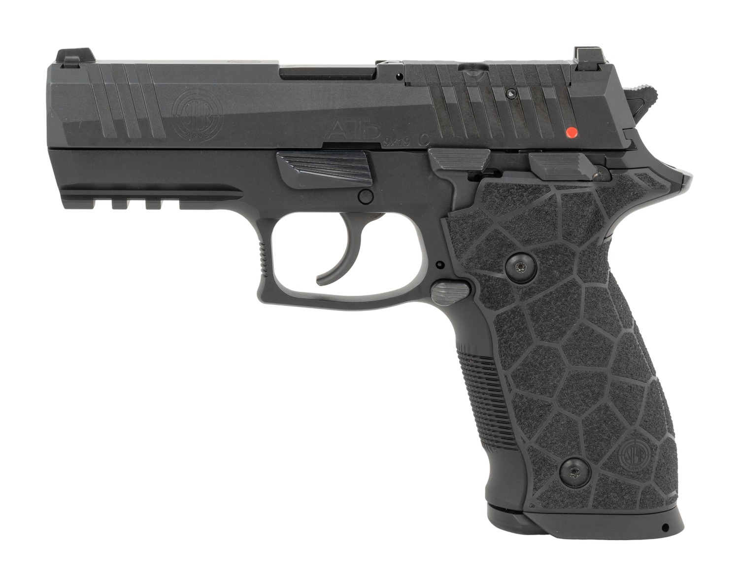 Steyr ATD pistol side view with black finish and textured grip panels