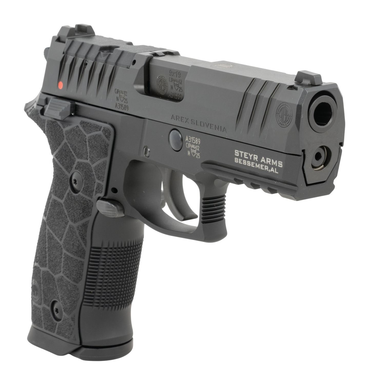 Steyr ATD pistol angled view showing black slide, muzzle and textured grip