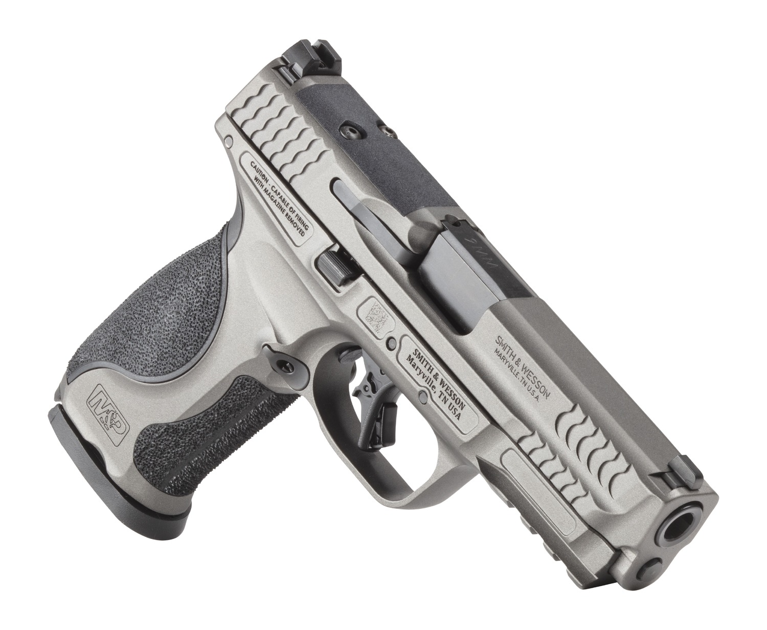 Smith & Wesson M&P9 M2.0 Metal pistol angled view showing optic-ready slide and muzzle