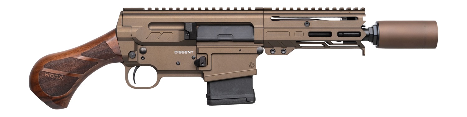 CMMG Dissent BR4 300 Blackout pistol in midnight bronze with wood grip and M-LOK handguard
