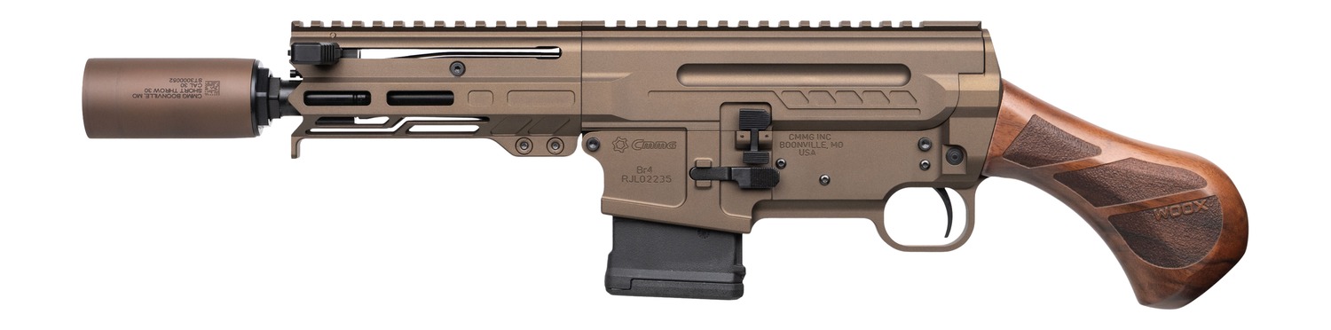 CMMG Dissent BR4 pistol side view with wood grip, bronze receiver and threaded barrel