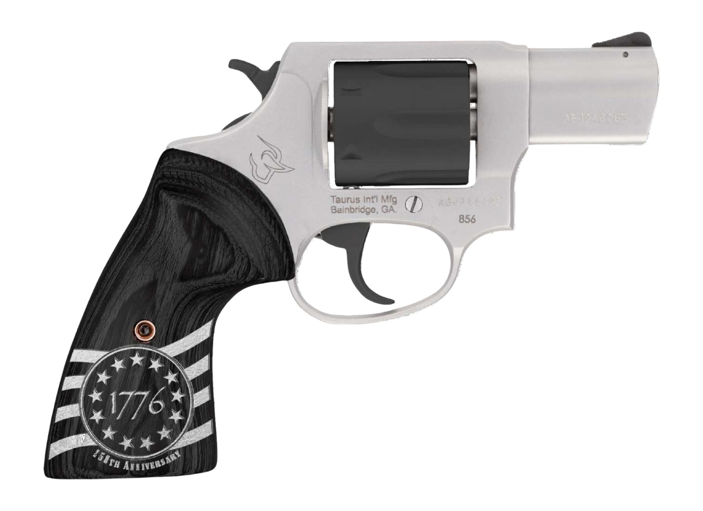 Taurus 856 .38 Special revolver with stainless frame, black cylinder and black wood 1776 grips