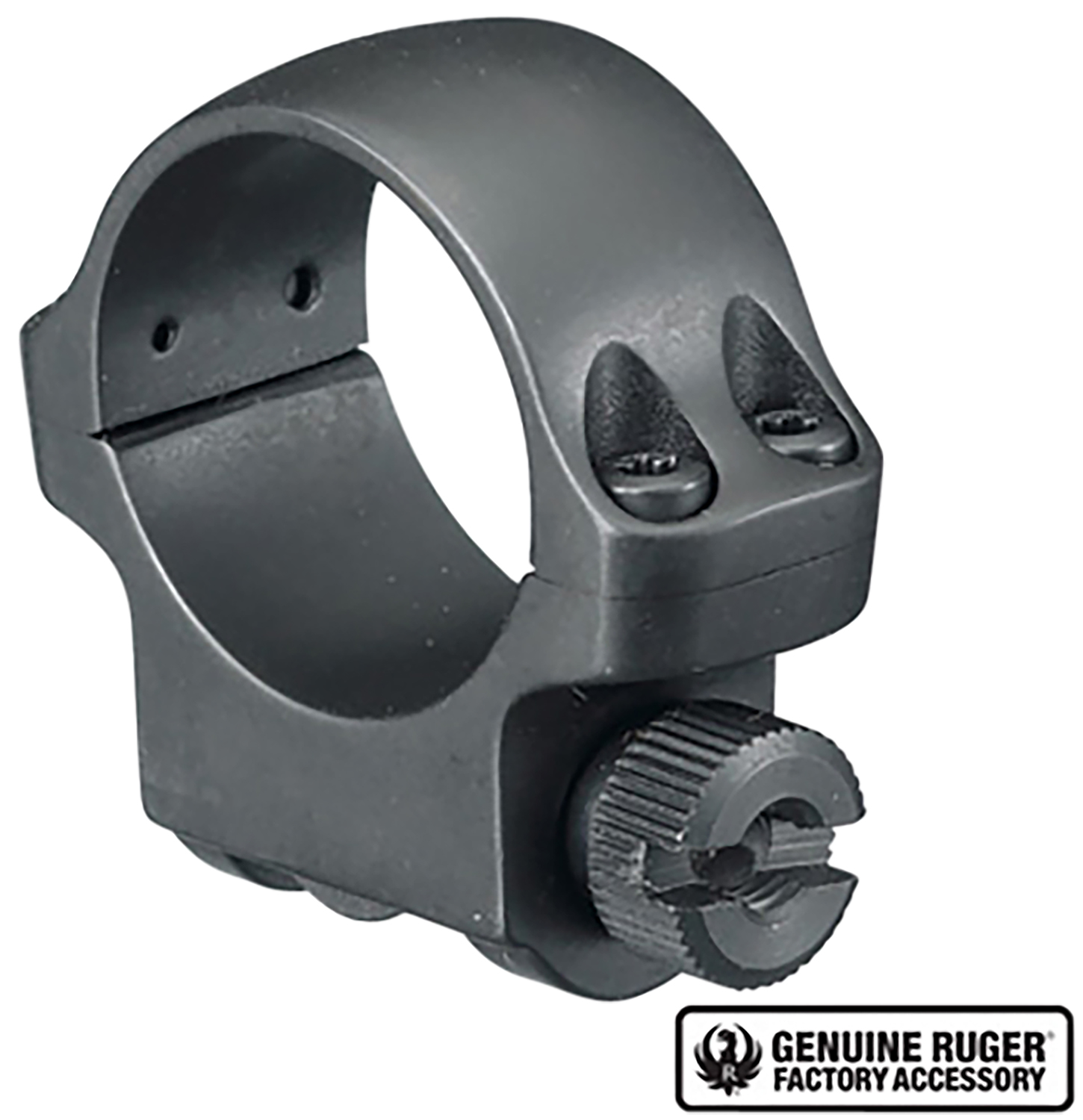 Black single low 1 inch scope ring with knurled clamp screw and Genuine Ruger Factory Accessory logo