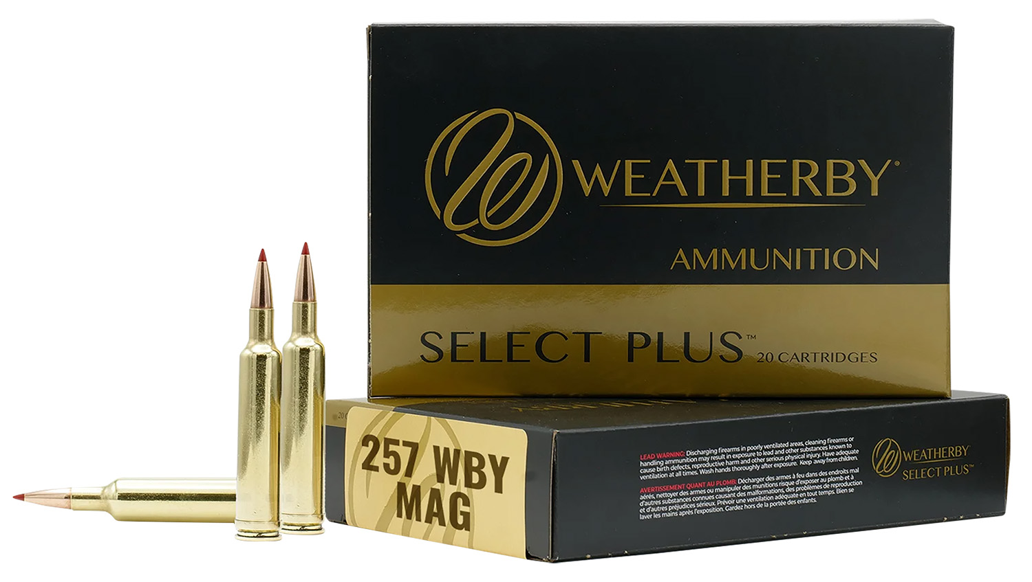 Weatherby Select Plus 257 WBY Mag ammunition boxes with three cartridges in front