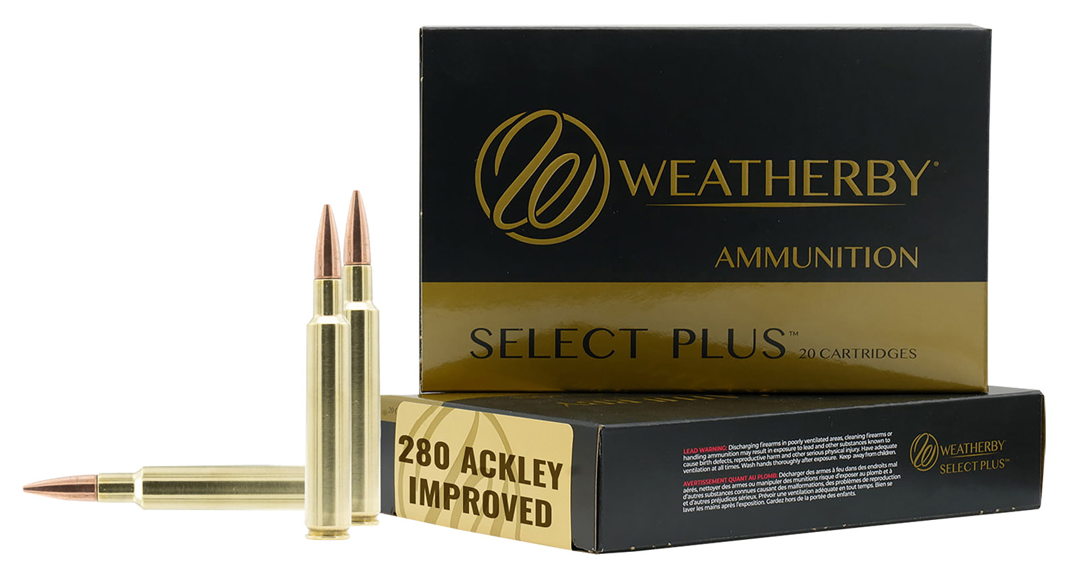 Weatherby Select Plus 280 Ackley Improved 20-round box with three brass cartridges