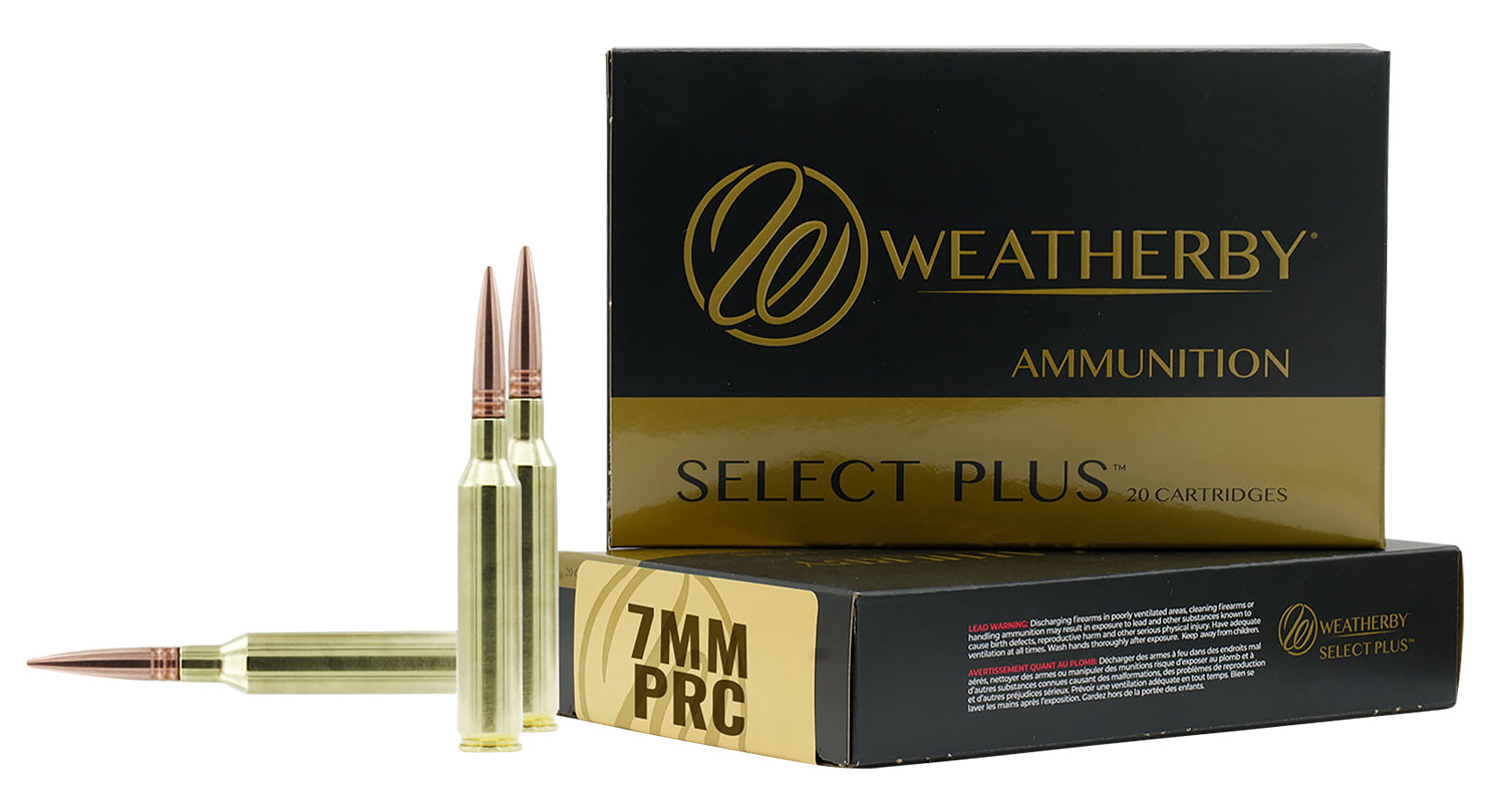 Weatherby Select Plus 7mm PRC ammunition box with brass cartridges and pointed bullets