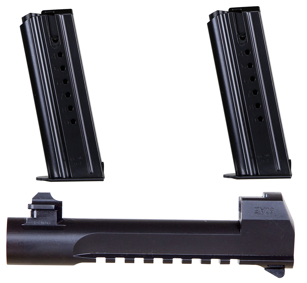 Black Desert Eagle .50 AE conversion barrel with two 7-round magazines on a white background