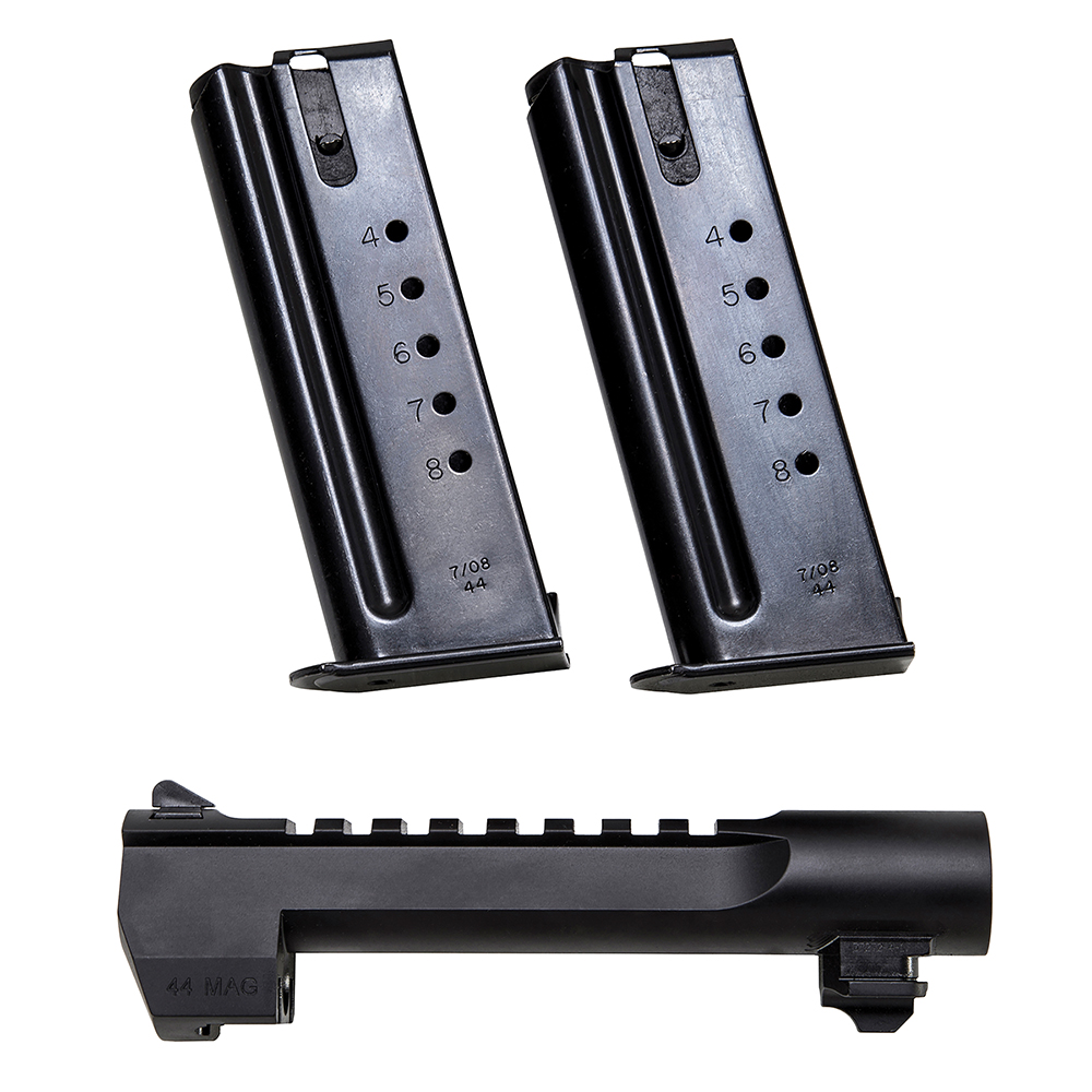Desert Eagle 44 Magnum conversion kit with two black magazines and a black barrel assembly