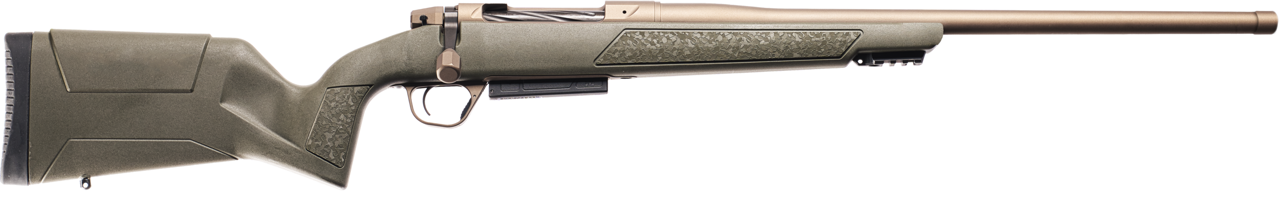 Christensen Arms Evoke bolt-action rifle with OD green synthetic stock and bronze barrel
