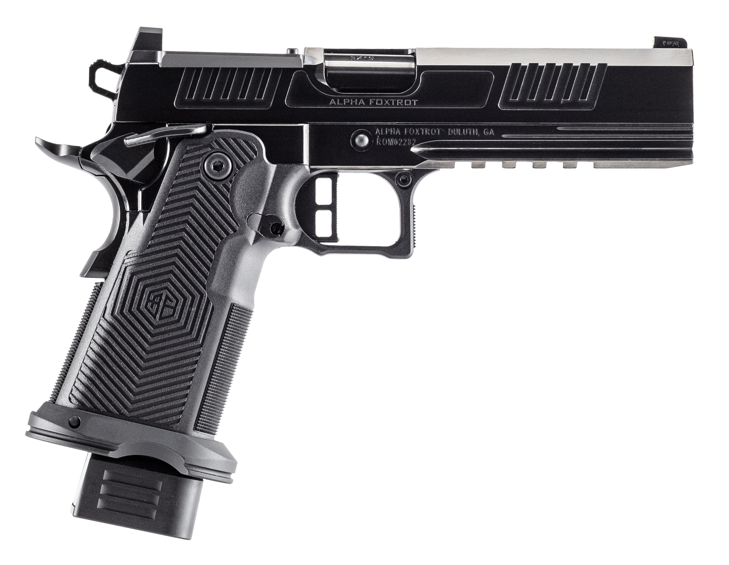 Alpha Foxtrot Romulus 9mm pistol, black finish with optic-cut slide, right side view