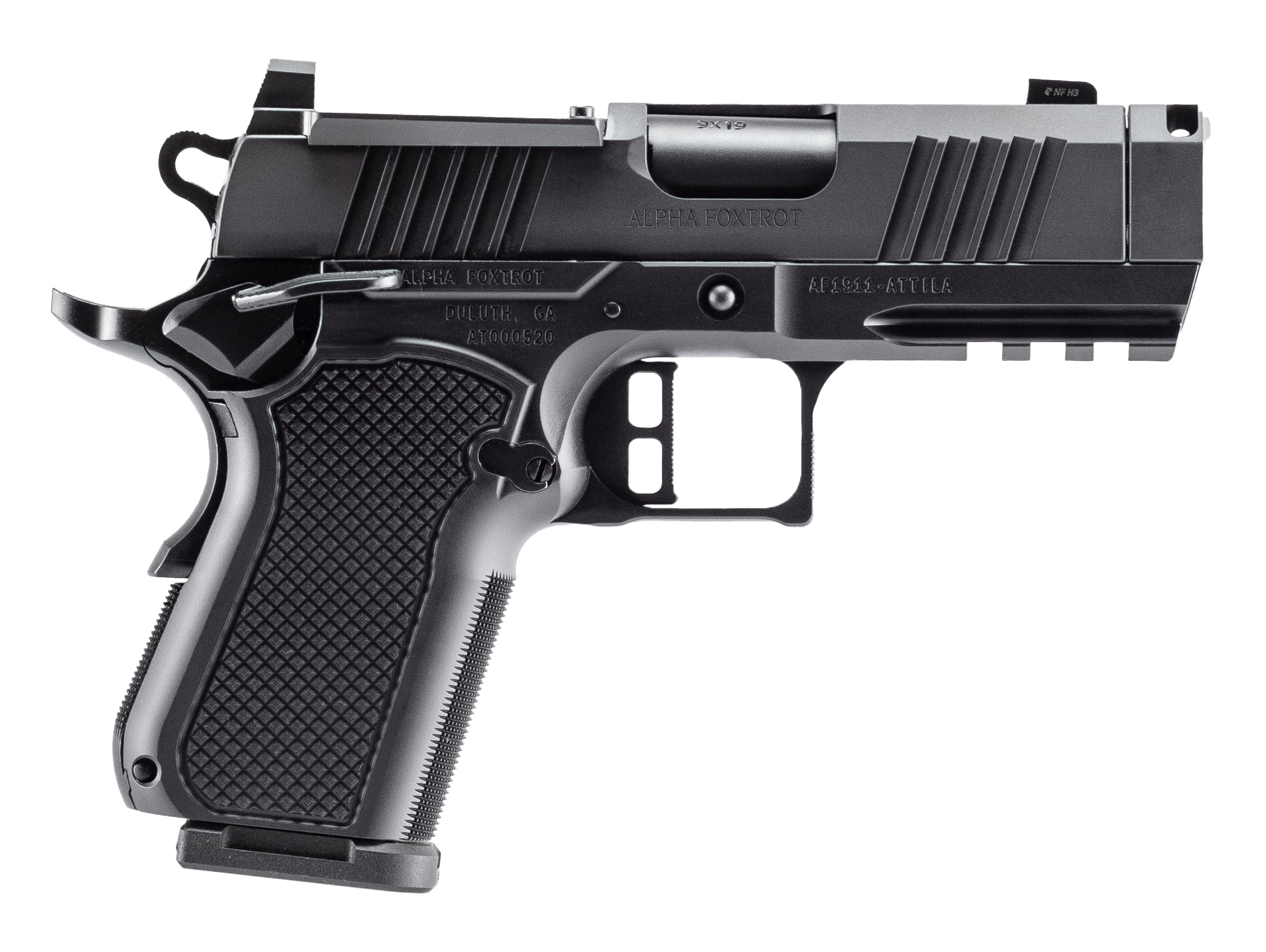 Alpha Foxtrot Attila 9mm pistol in black with compensated barrel and optic cut slide