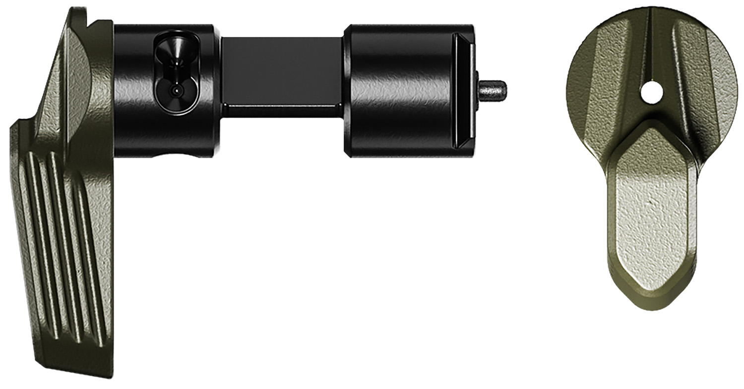 Radian Talon ambidextrous safety selector in OD green with black center hardware, levers shown from both sides