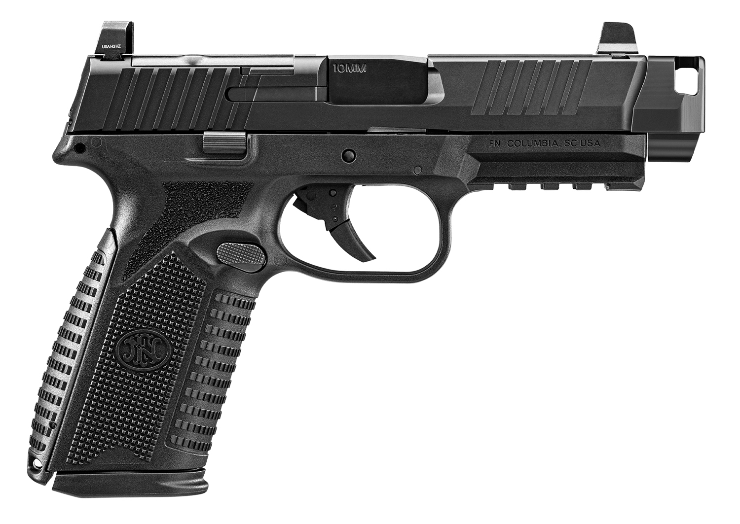 FN 510 MRD Comp pistol in black with optic-ready slide and compensator, right side view