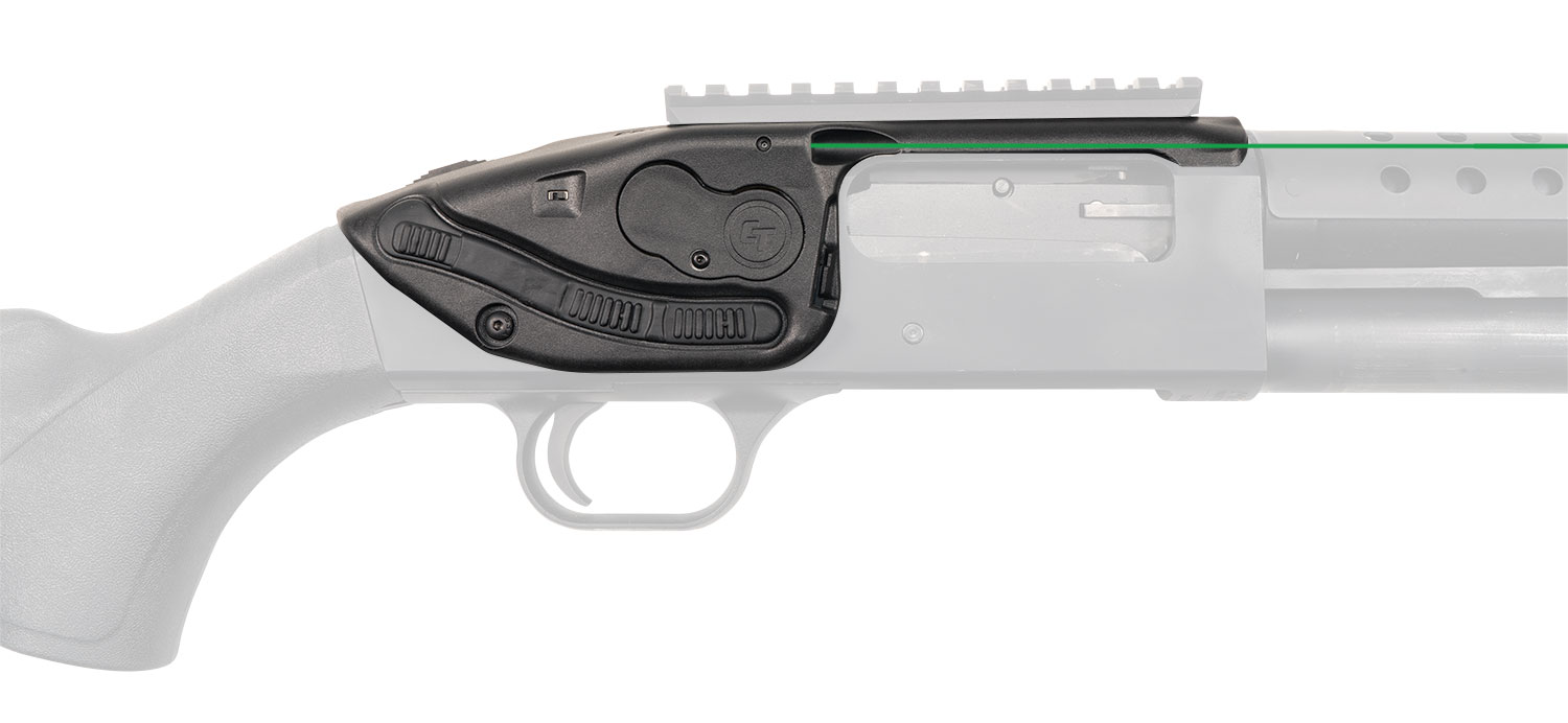 Crimson Trace Lasersaddle green laser mounted on a shotgun receiver, black polymer housing