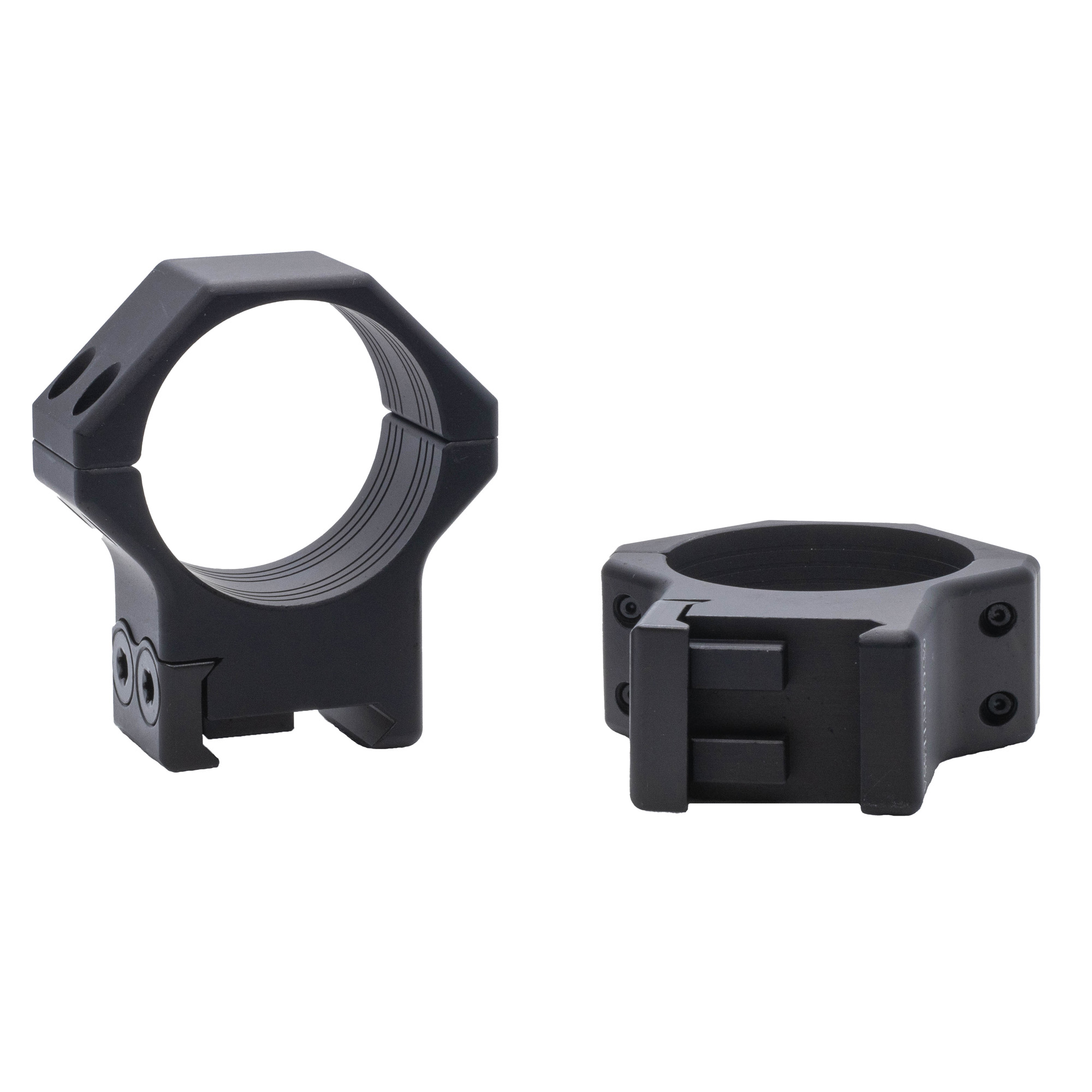 Two matte black Riton Optics 30mm scope rings with Picatinny base clamps on white background