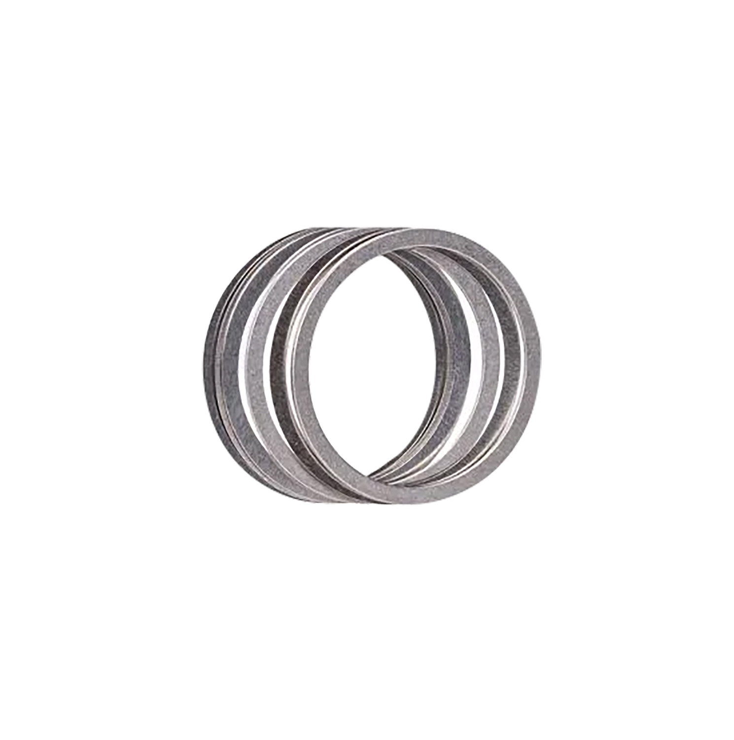 Stack of several thin silver shim rings for a suppressor mount