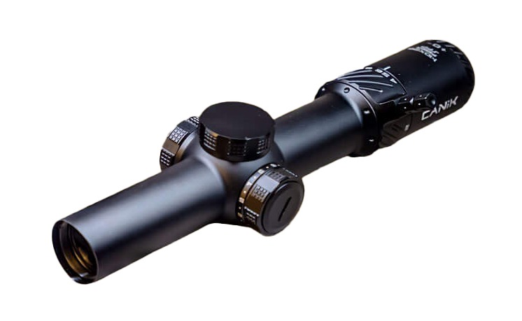 Canik Knight 1-10x28mm LPVO riflescope in black finish, angled view