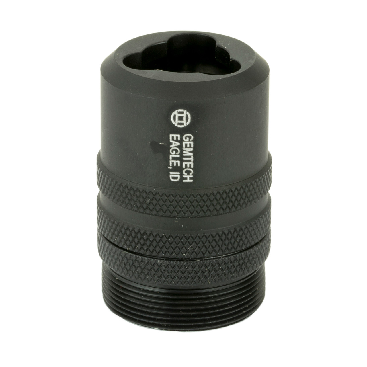 Black Gemtech 3-lug female MP5 quick disconnect suppressor adapter with engraved logo