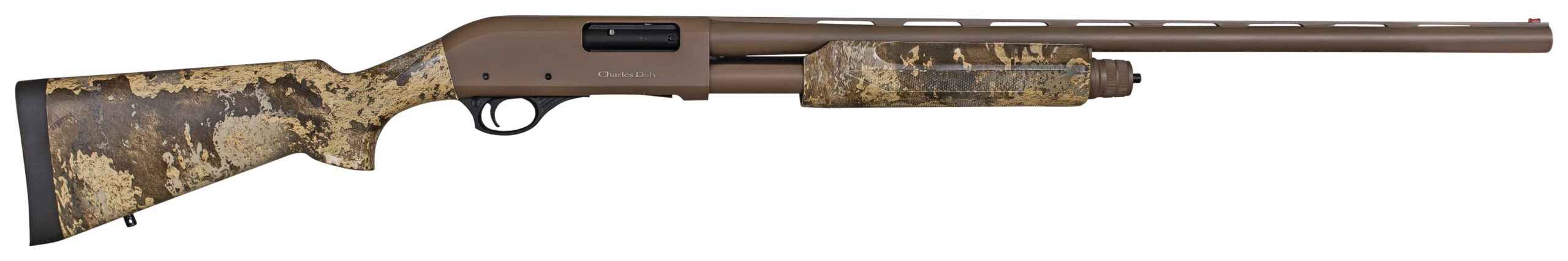 Charles Daly 301 Field pump shotgun with flat dark earth receiver and TrueTimber Prairie camo stock