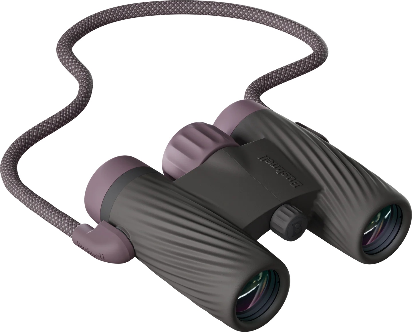 Bushnell A1 10x25 binoculars in plum with black body and braided cord strap