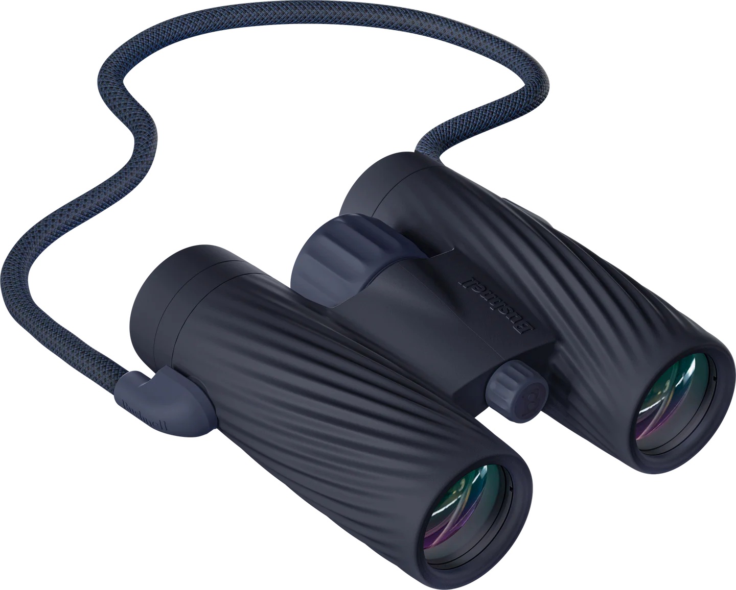 Blue Bushnell A3 8x32 binoculars with ridged grip and neck strap