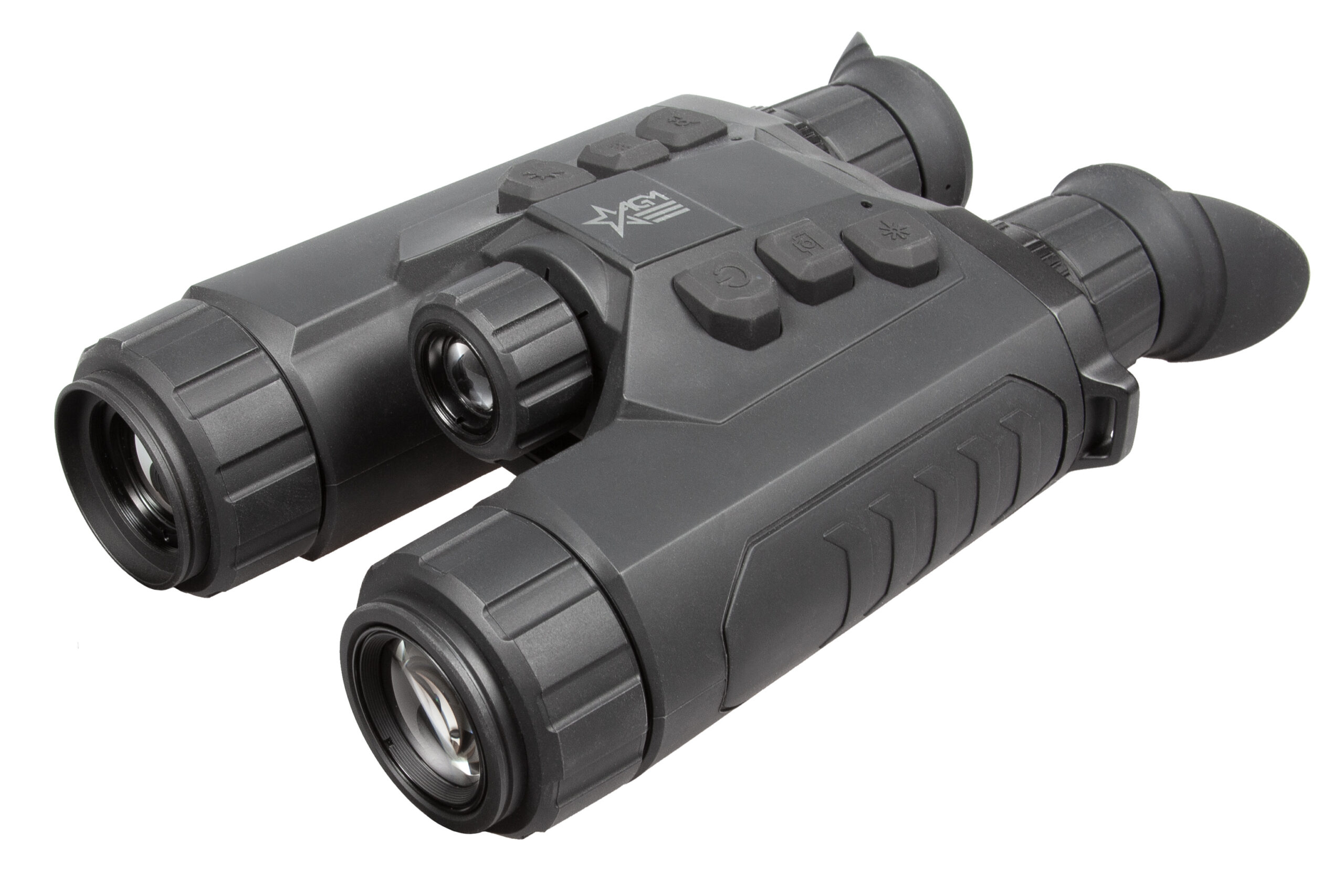 AGM Observ IR LRF25 thermal binocular in black, angled view of eyepieces and objective lenses