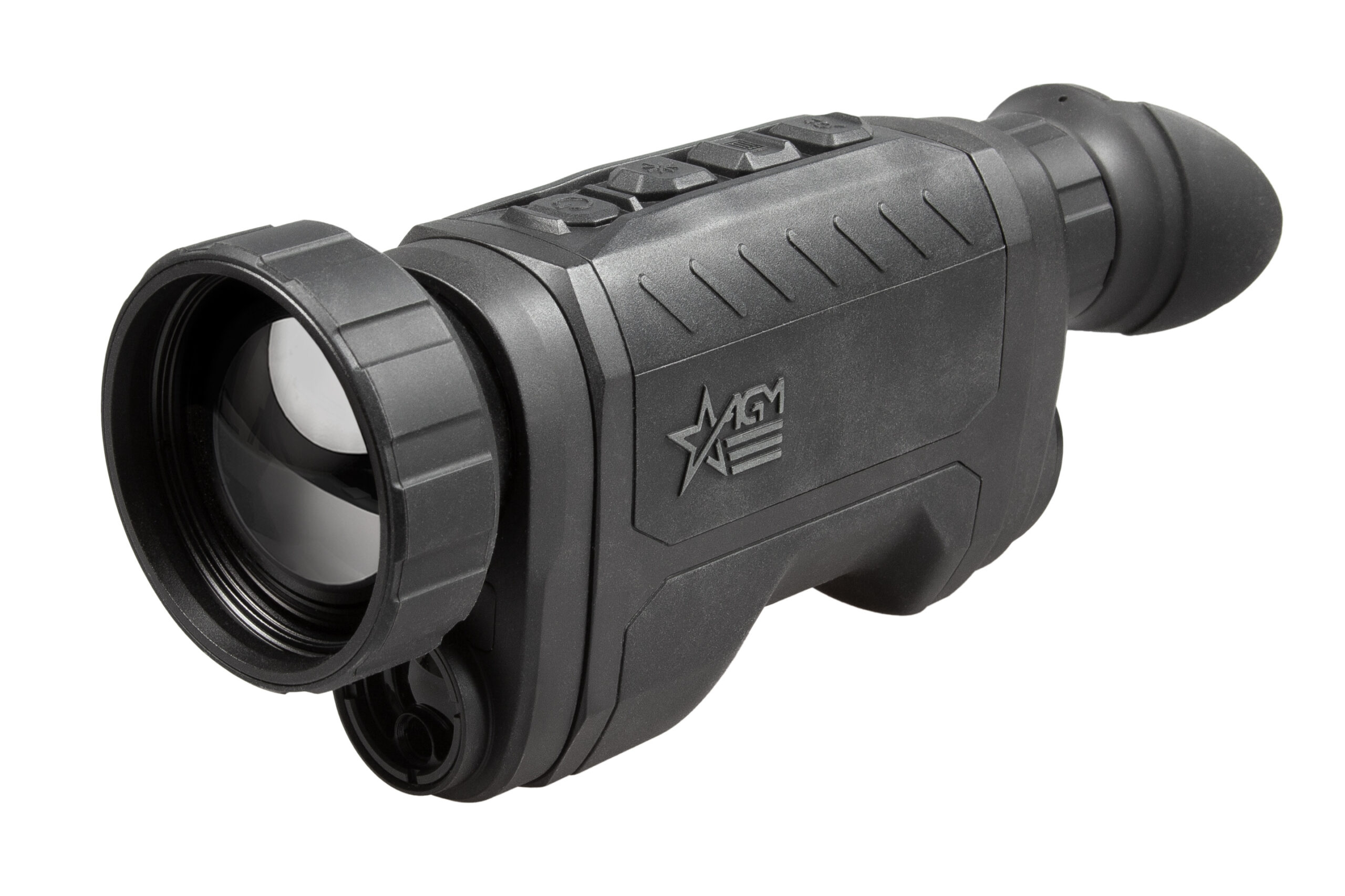 AGM Reach IR LRF thermal monocular in black, angled view of objective lens and eyepiece