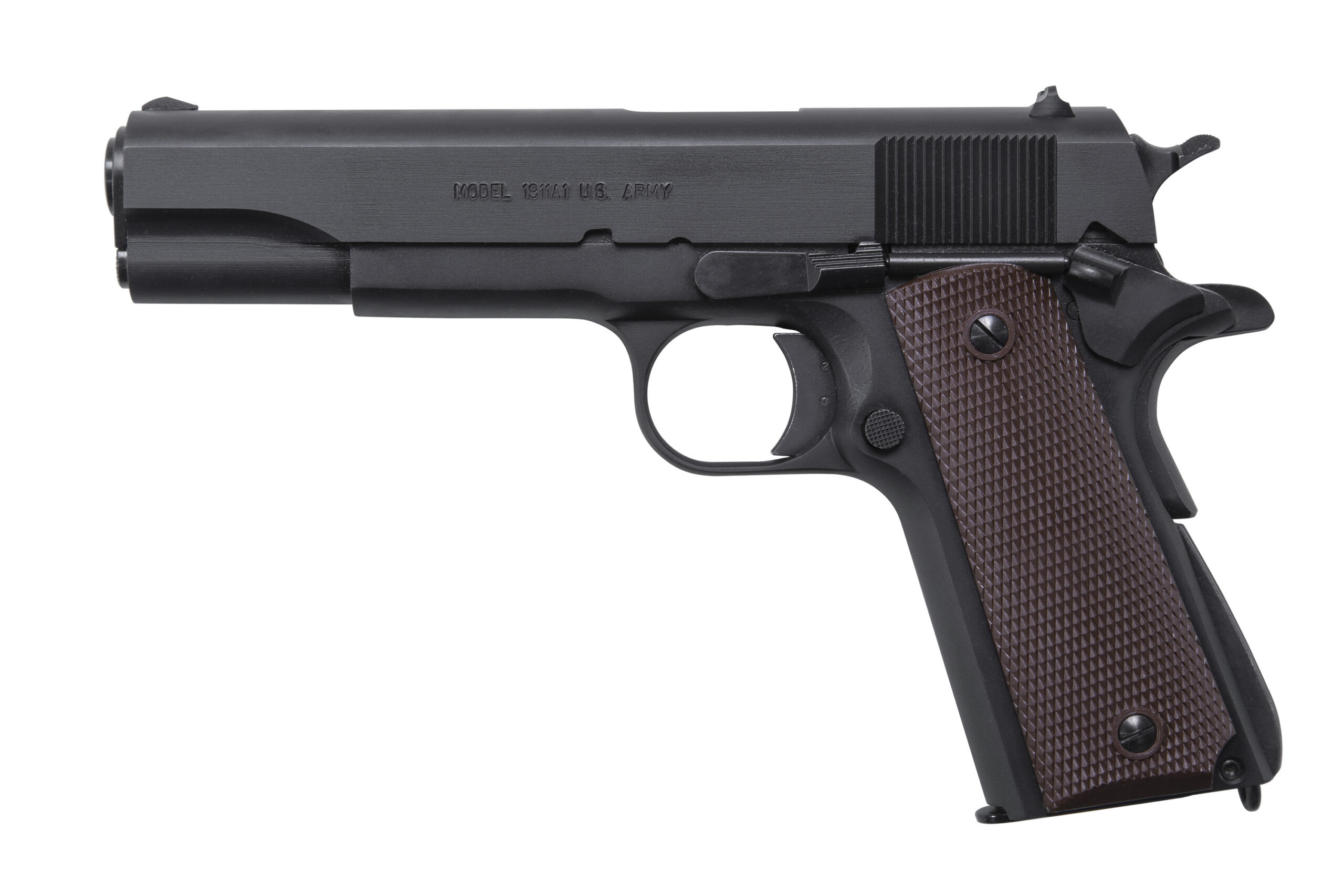 Matte black 1911A1 pistol with brown checkered grips, right side view
