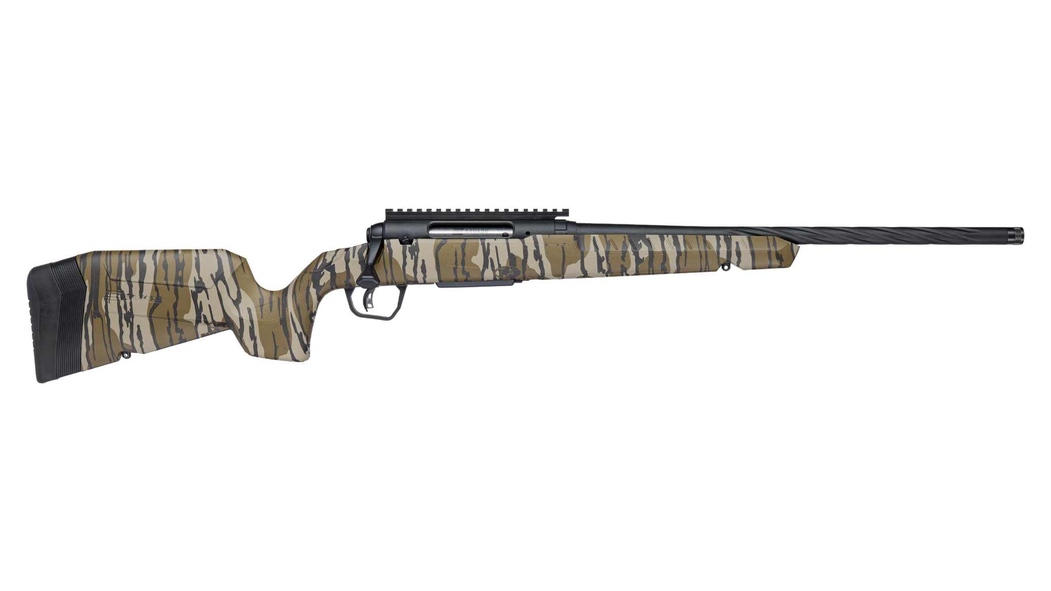 Savage Axis 2 Pro bolt-action rifle with Mossy Oak Bottomland camo stock and black threaded barrel