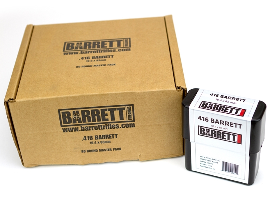 Barrett .416 Barrett 80 round master pack cardboard case next to a black and white 416 Barrett ammo box