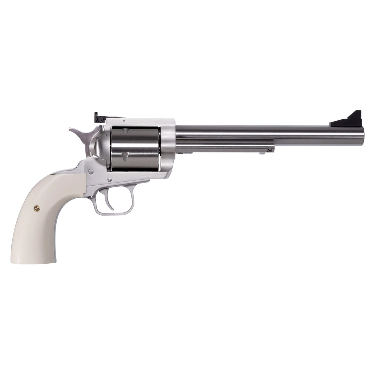 Magnum Research BFR stainless revolver with white polymer Bisley grips and adjustable rear sight