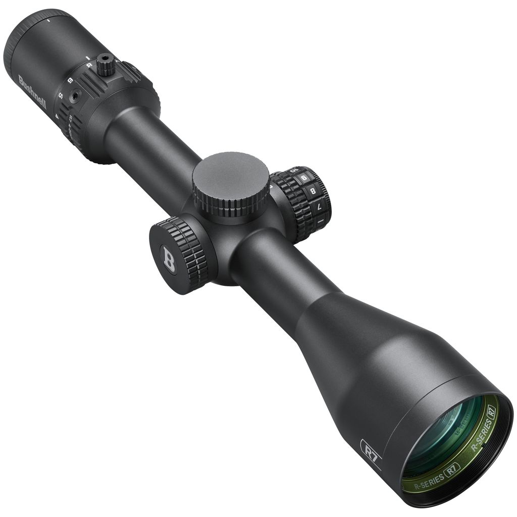 Bushnell R7 riflescope in black with capped target turret and green-tinted objective lens