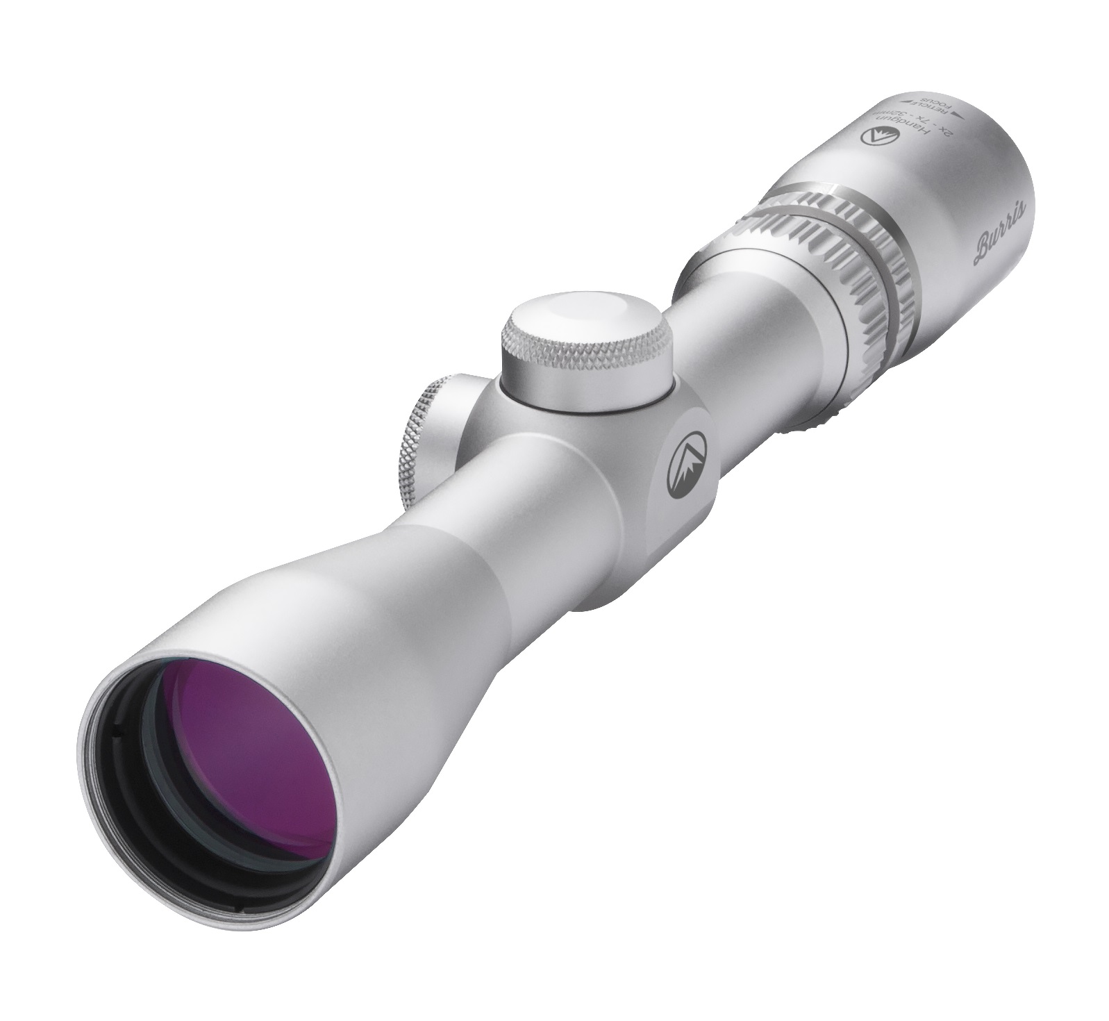 Burris handgun scope with silver nickel body, knurled turrets and purple-tinted objective lens