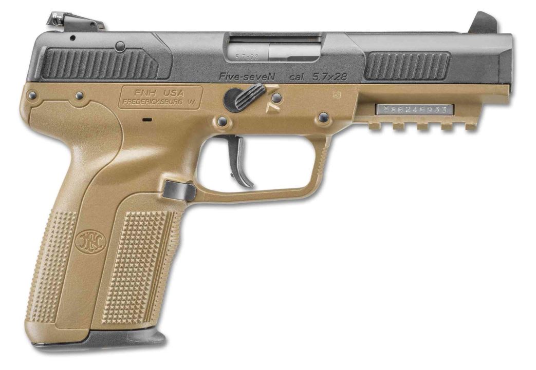 FN Five-seveN pistol with flat dark earth polymer frame and dark slide, side view
