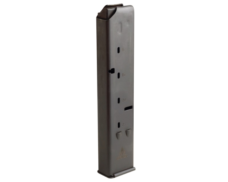 IWI UZI Pro 9mm 25-round black steel magazine, angled view
