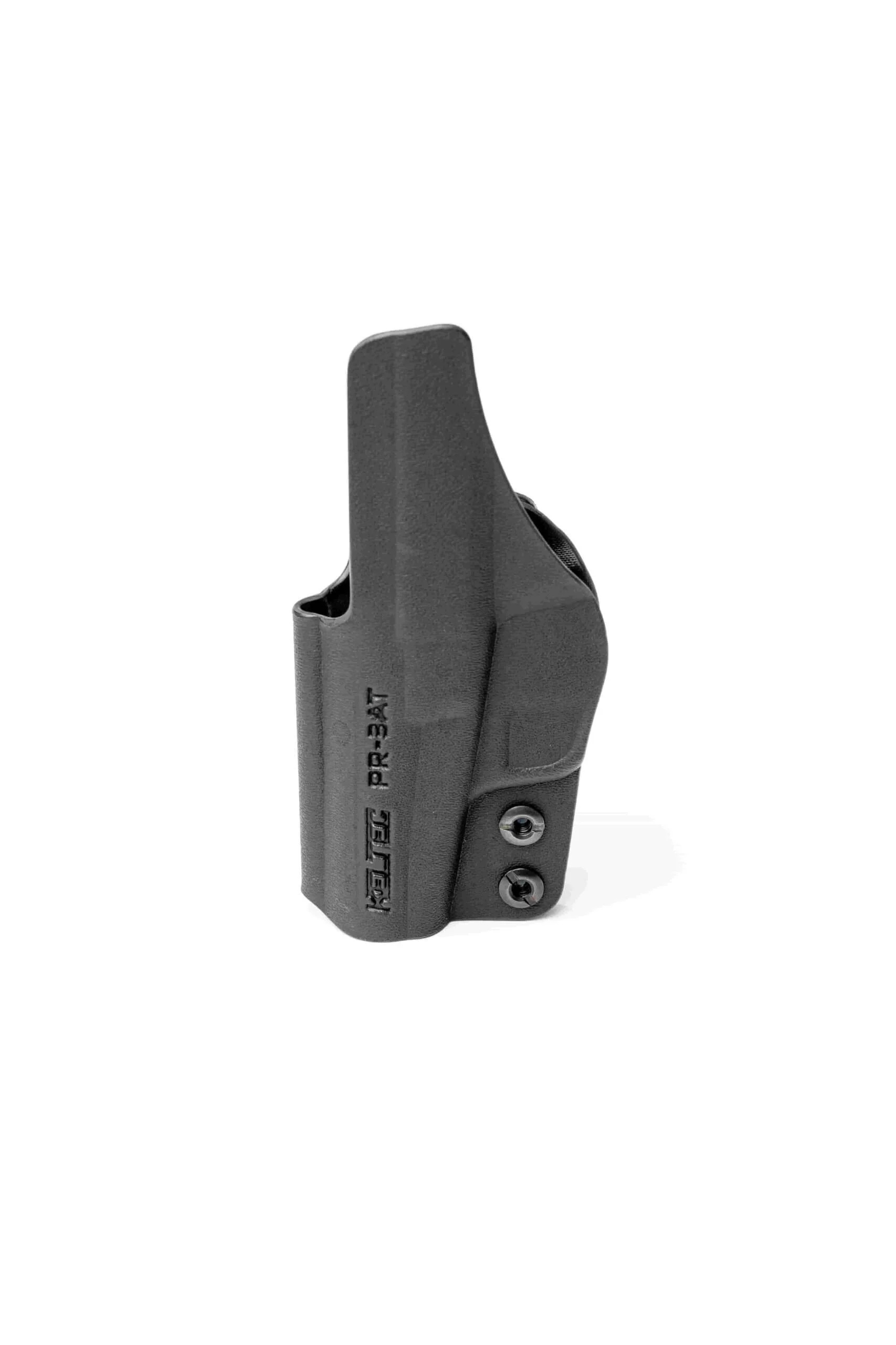 Black Kel-Tec PR-3AT IWB holster with molded PR-3AT logo and two rear mounting knobs
