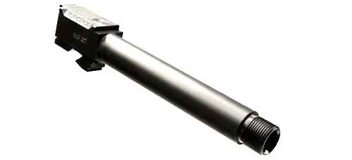 SilencerCo threaded Glock 43 barrel with black nitride finish, angled view