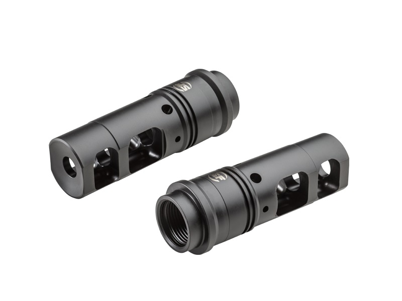 Two black SureFire 338 Lapua muzzle brakes, one showing the threaded end