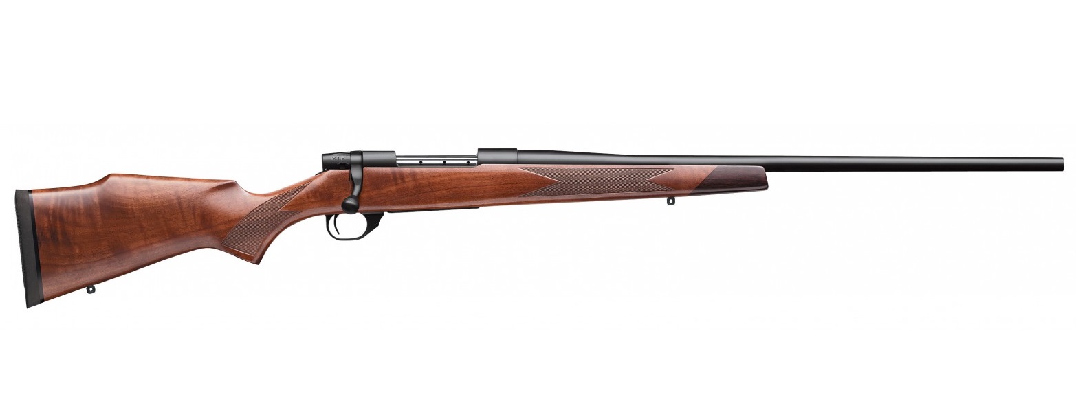 Weatherby Vanguard S2 Sporter rifle with blued barrel and wood stock, right side view
