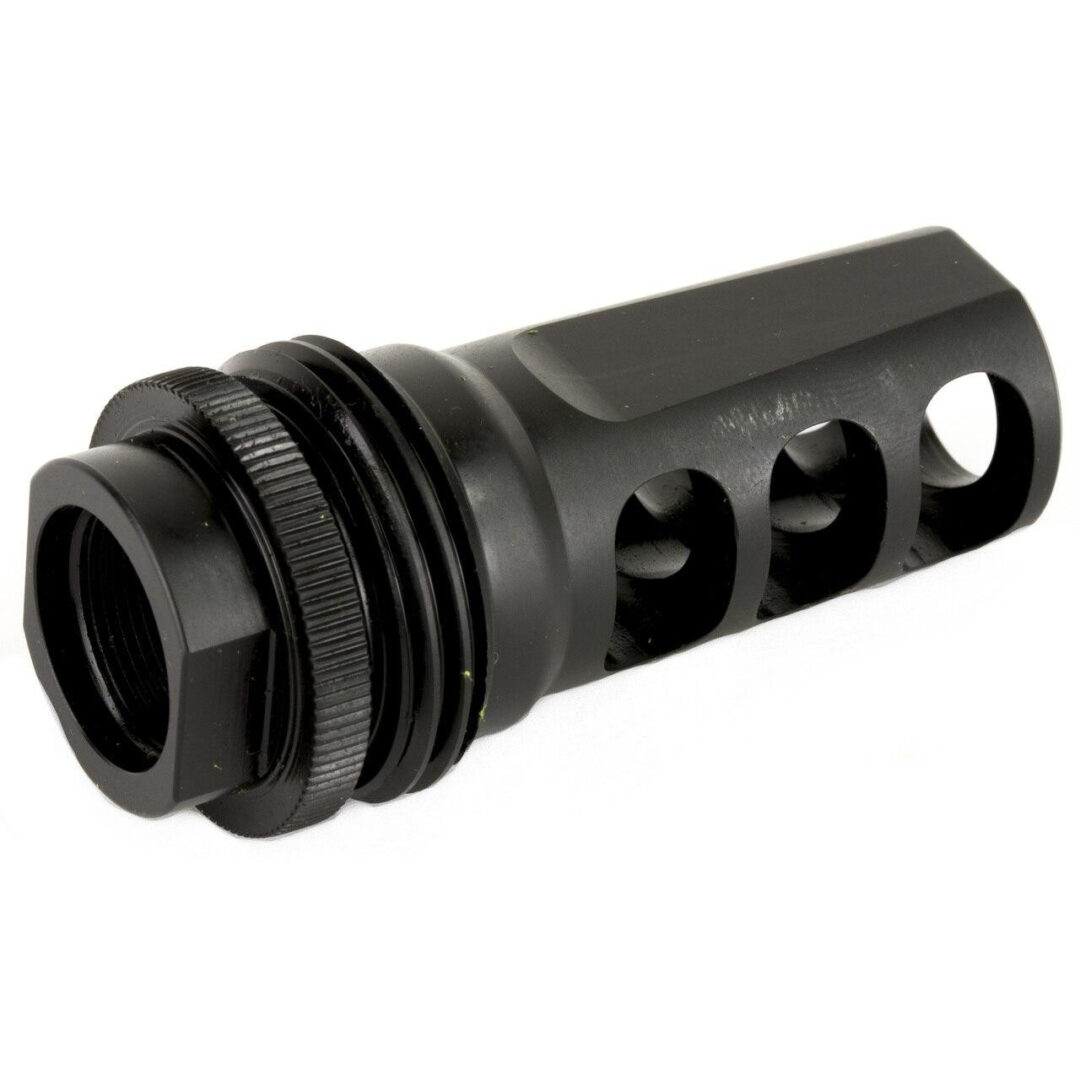 Black SilencerCo Hybrid ASR muzzle brake with three side ports and a knurled threaded mount